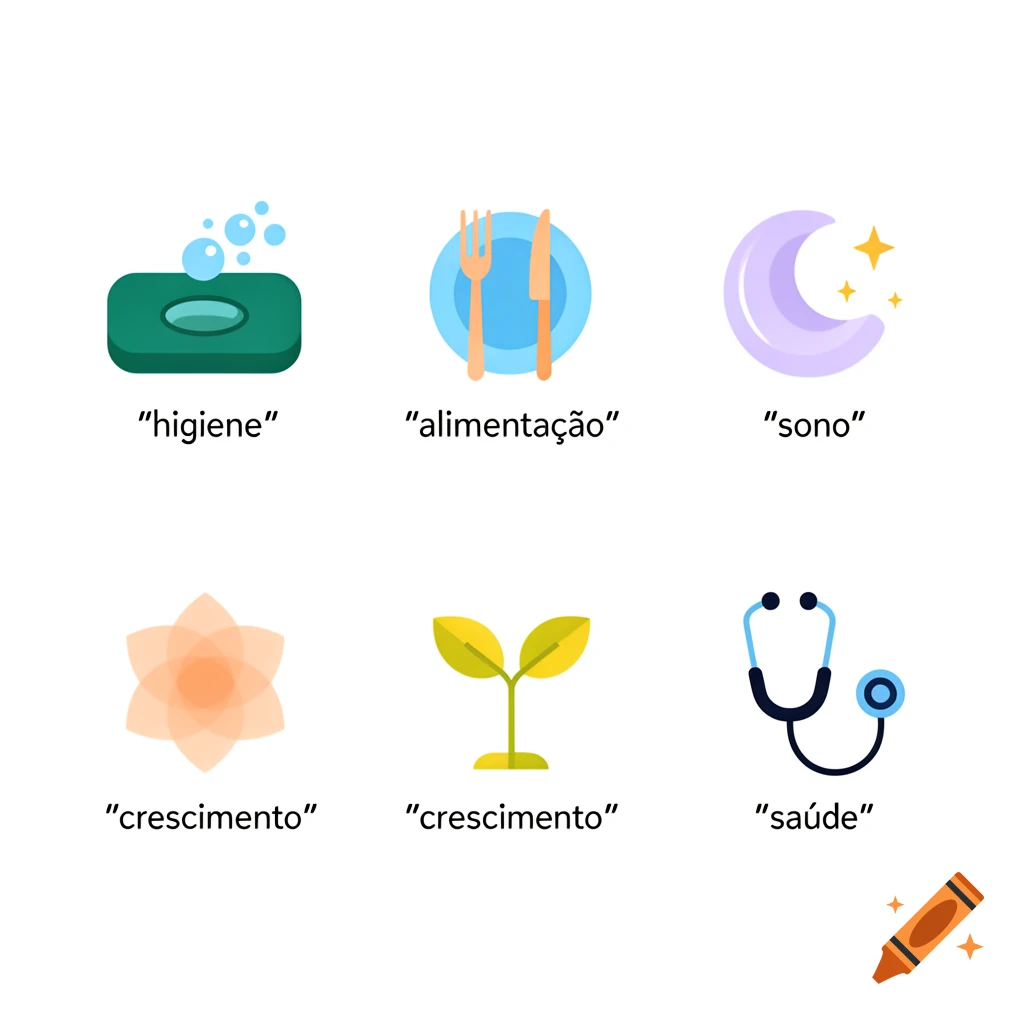 Six flat design icons representing hygiene, food, sleep, growth, and health, with Portuguese labels below each.