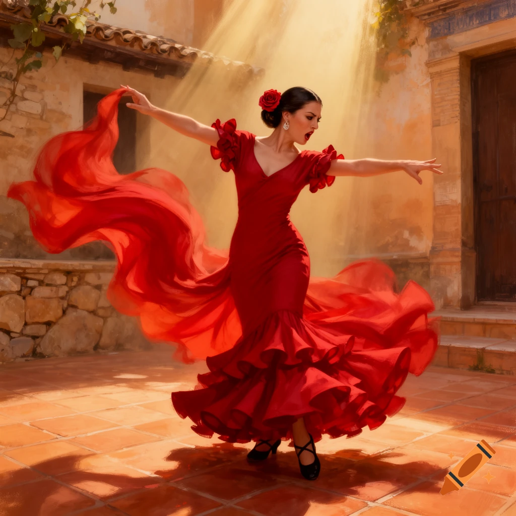 A vibrant painting of a Spanish flamenco dancer in a flowing red dress, with sunlight beaming down in a tiled courtyard.