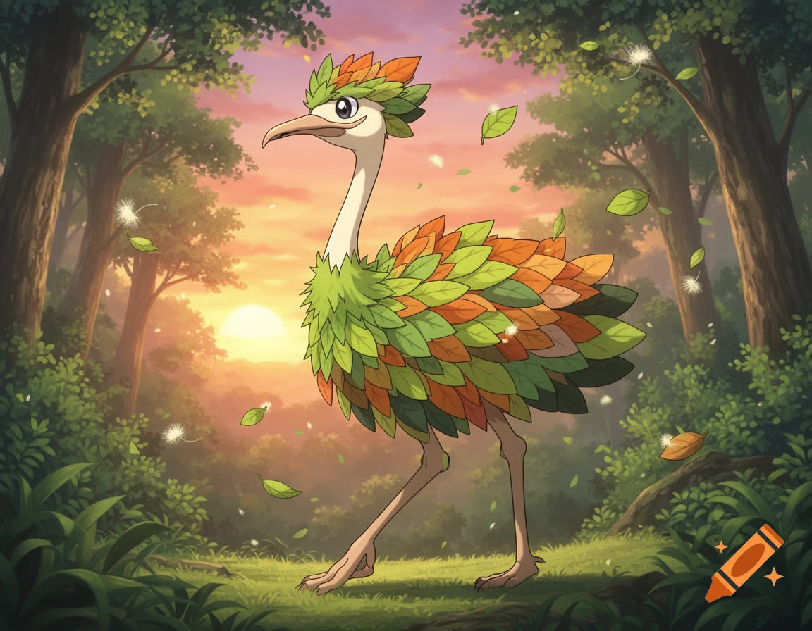 A stylized ostrich-like creature with a body covered in green and orange leaves walks through a vibrant forest at sunset.