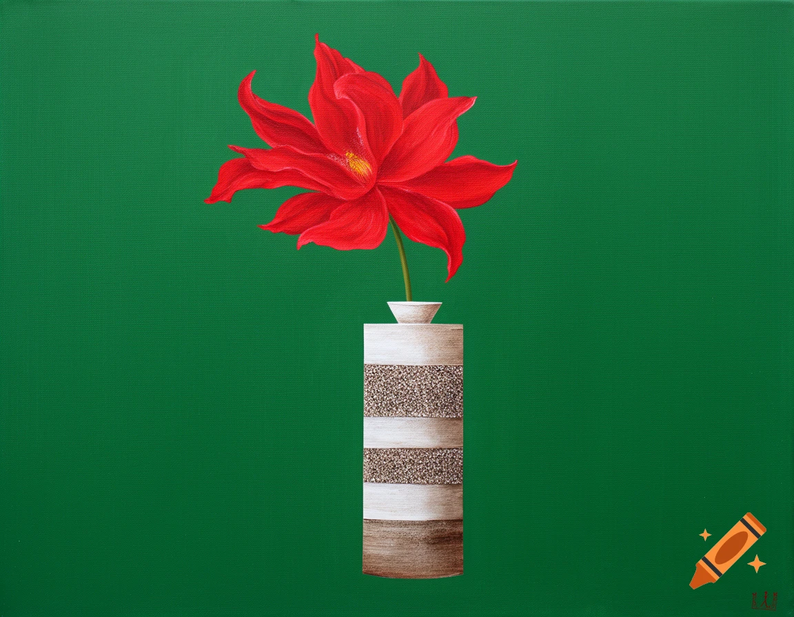 Acrylic painting of a vibrant red flower in a striped vase, set against a solid emerald green background.