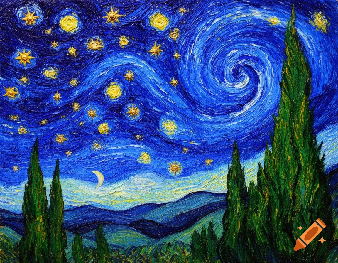 A painting in the style of Van Gogh's Starry Night, showing a swirling blue sky with bright yellow stars, a crescent moon, and tall green cypress trees.