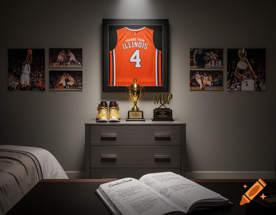 A dimly lit bedroom showcases sports memorabilia: a framed orange 'Illinois 4' basketball jersey, golden sneakers, and two trophies on a dresser. An open notebook sits on a desk in the foreground.