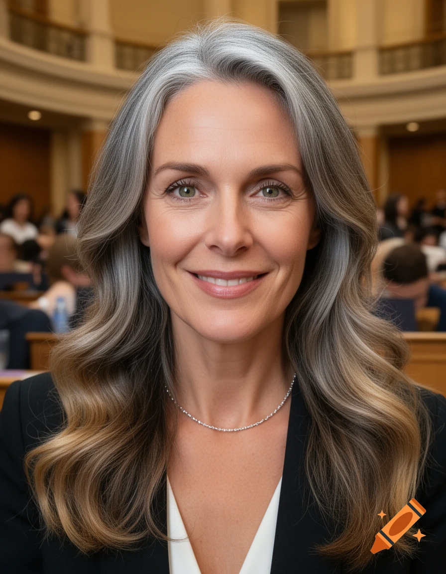 Photorealistic portrait of a smiling woman with long wavy graying hair, green eyes, wearing a black blazer and silver chain in a university setting.