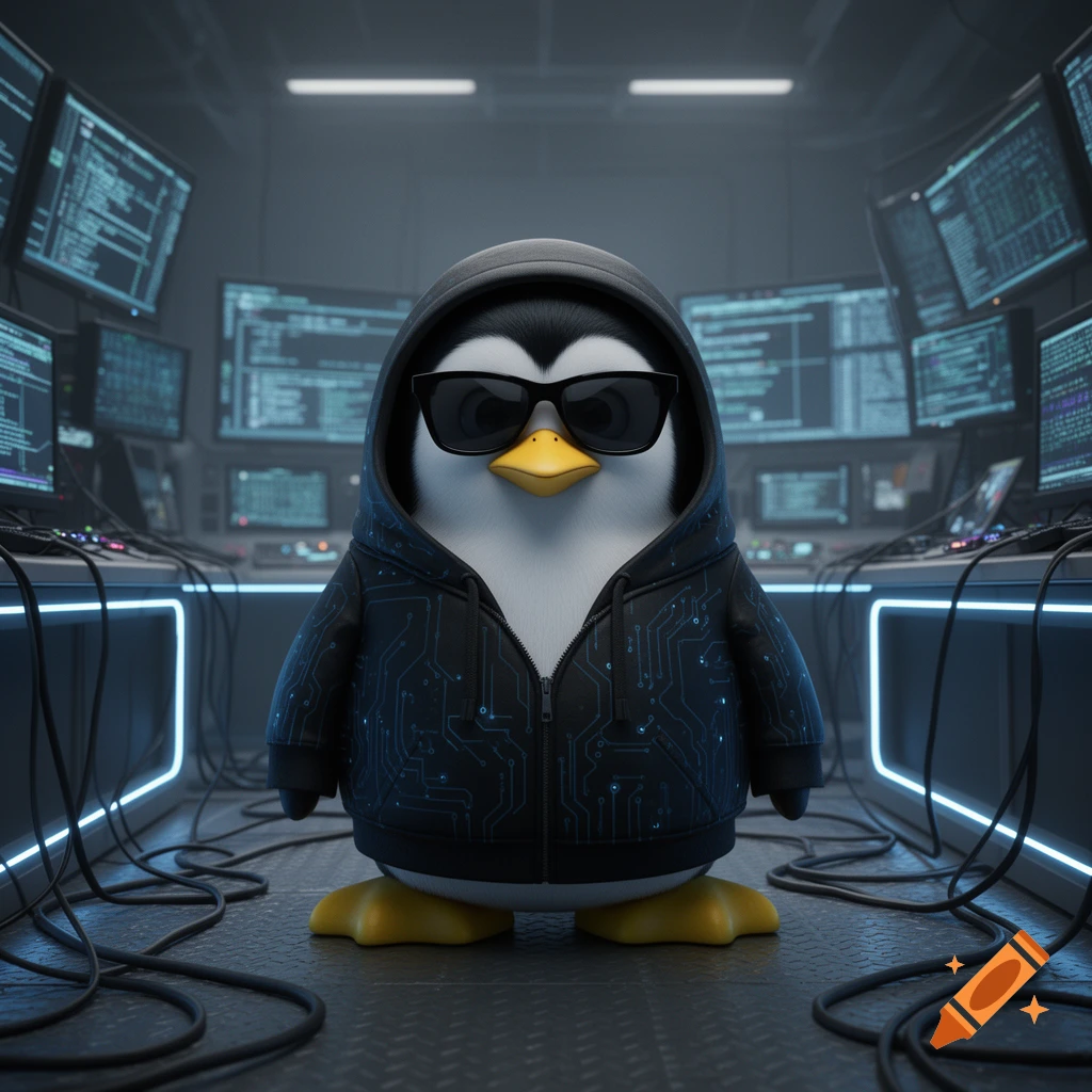 A cartoon penguin in a black circuit-patterned hoodie and sunglasses stands in a server room with glowing computer screens.