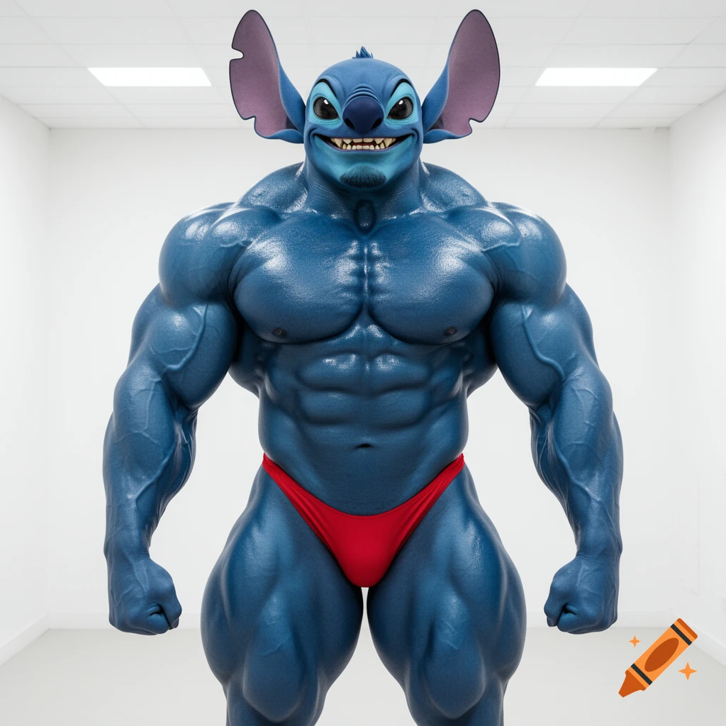 Hyper-muscular blue Stitch from Lilo & Stitch in a red posing thong, standing in an all-white room with an arrogant smile, hyper-realistic.