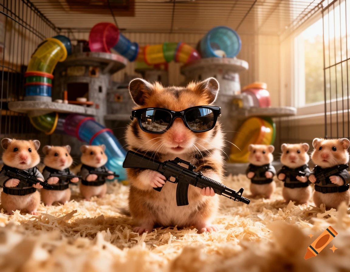 A cool hamster wearing sunglasses holds a rifle, leading a squad of hamster henchmen with rifles in a multi-level pet cage.