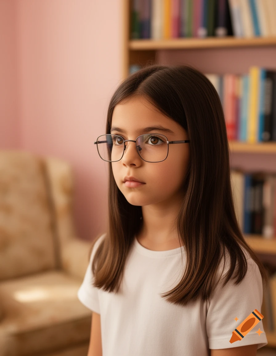 Photorealistic portrait of a young girl with glasses and long dark brown hair, looking thoughtfully to the side, with a bookshelf in the background.