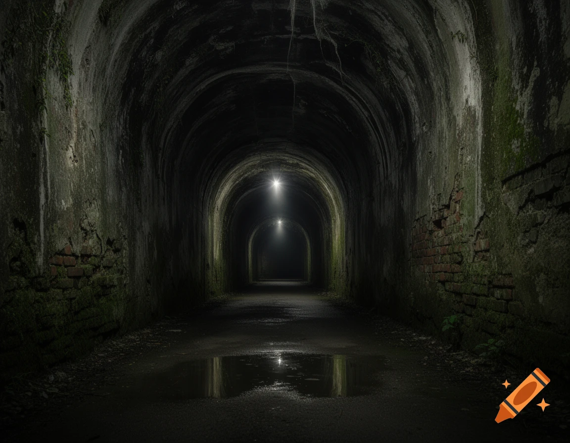 A long, dark, arched tunnel with moss-covered brick walls, lit by two distant lights reflecting in puddles on the ground.