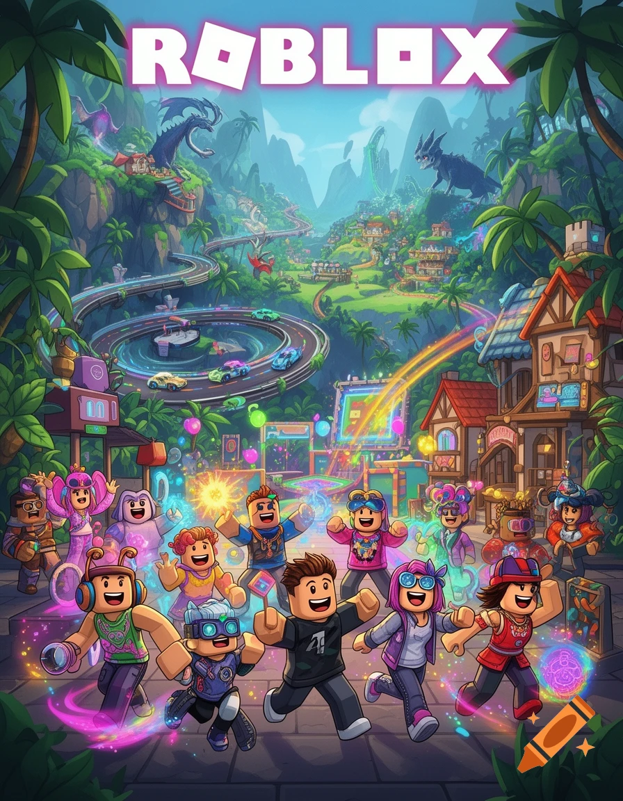 A vibrant, cartoon-style illustration of many Roblox avatars in a fantastical, game-like world with the "ROBLOX" logo at the top.