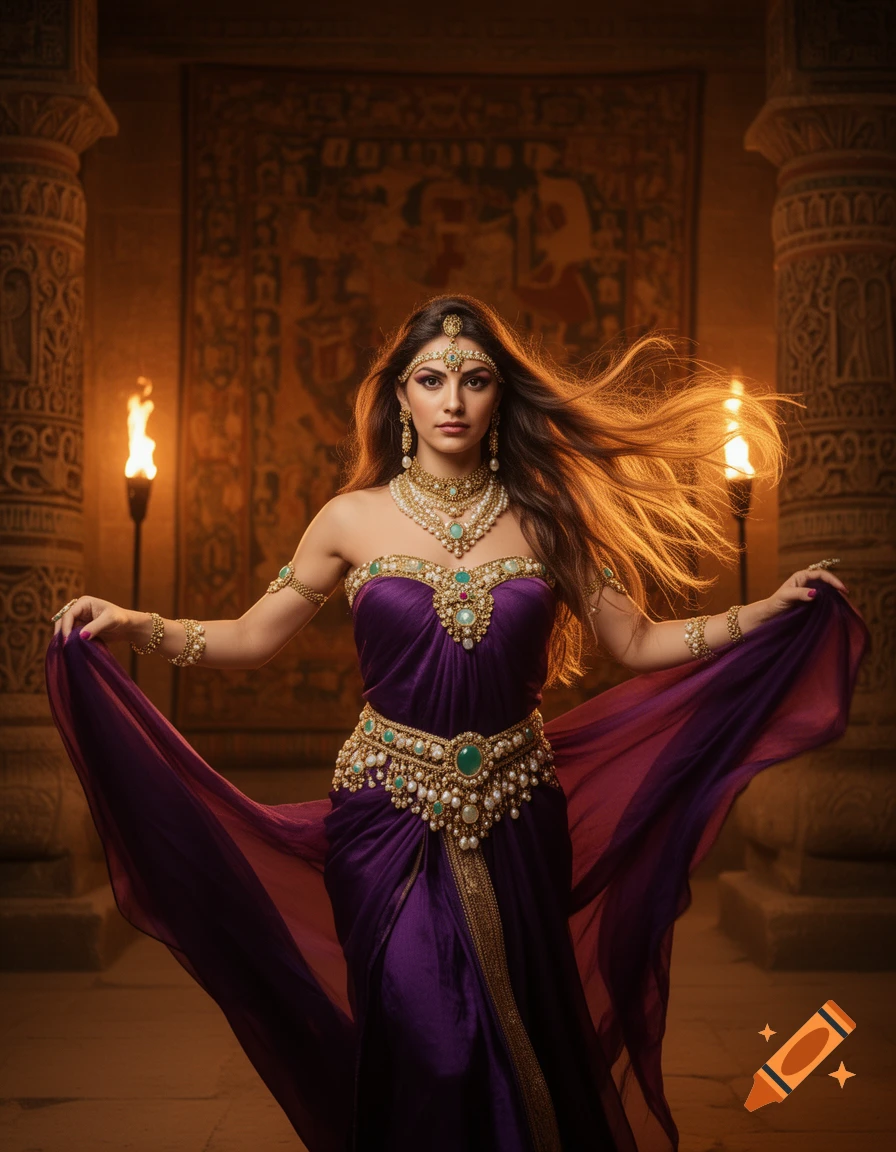 A woman in a dramatic purple and gold dress with emeralds and pearls stands in an ancient temple, her long hair flowing.