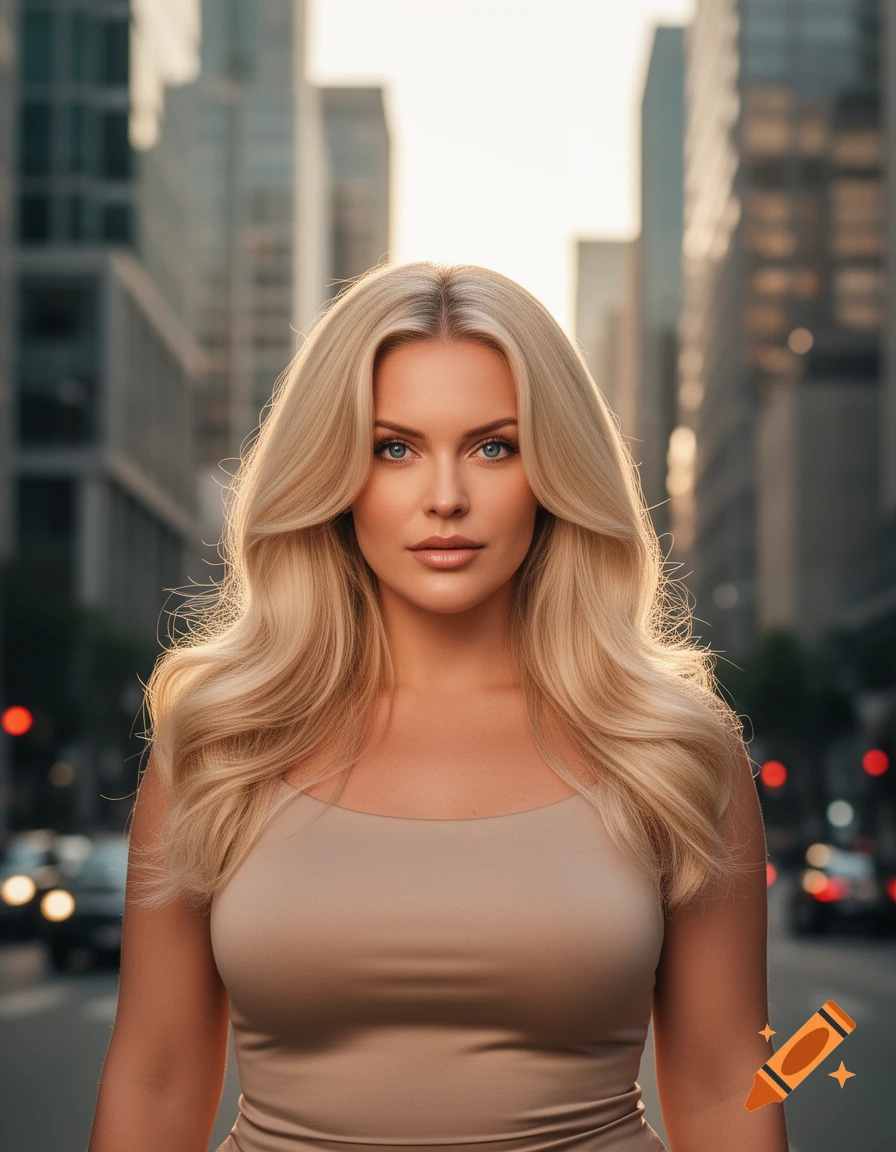 A photorealistic portrait of a blonde woman with blue eyes wearing a beige top, standing on a city street at sunset.