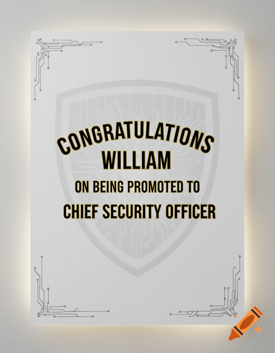 A white poster with gold and black text: "Congratulations William on being promoted to Chief Security Officer," with circuit board corner designs.