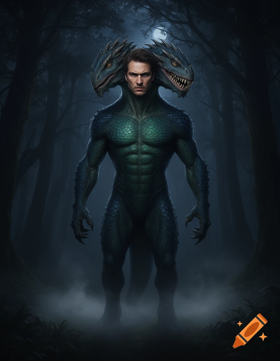 A muscular, scaled, bipedal creature with a human face and two dragon heads on its shoulders stands in a dark, misty forest under a full moon.