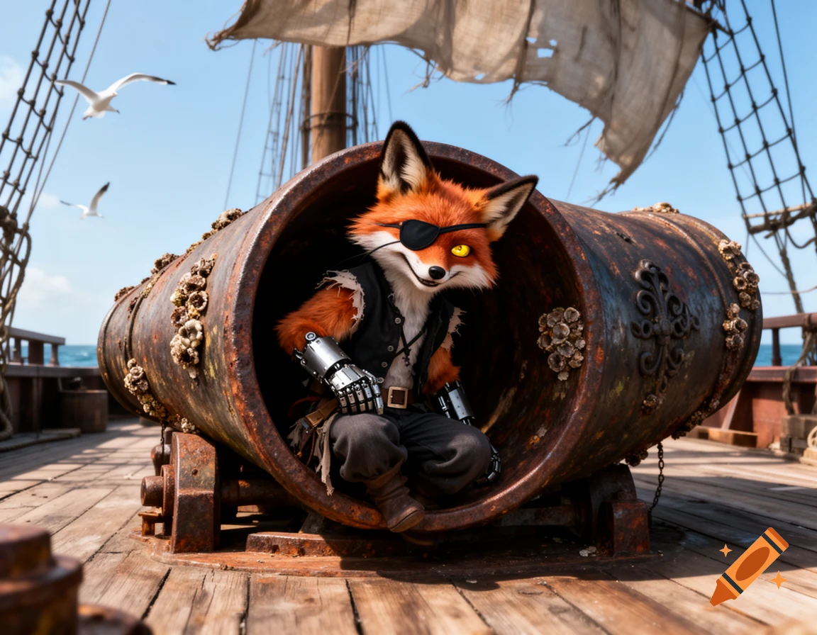 An anthropomorphic fox pirate with an eye patch and a mechanical arm sits inside a rusty cannon on a ship's deck under a blue sky.
