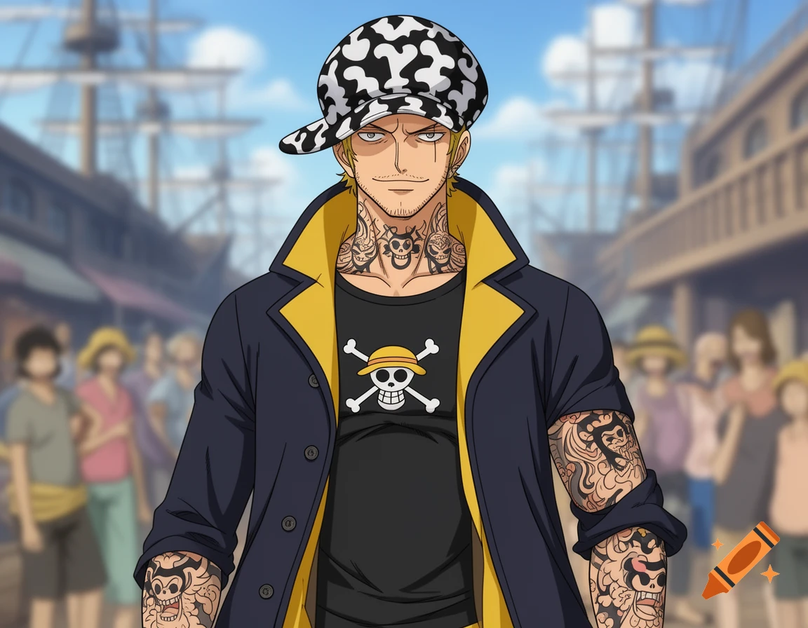 Anime portrait of Trafalgar Law, a blonde man with a spotted hat, tattoos, and a pirate flag shirt, in a bustling port setting.