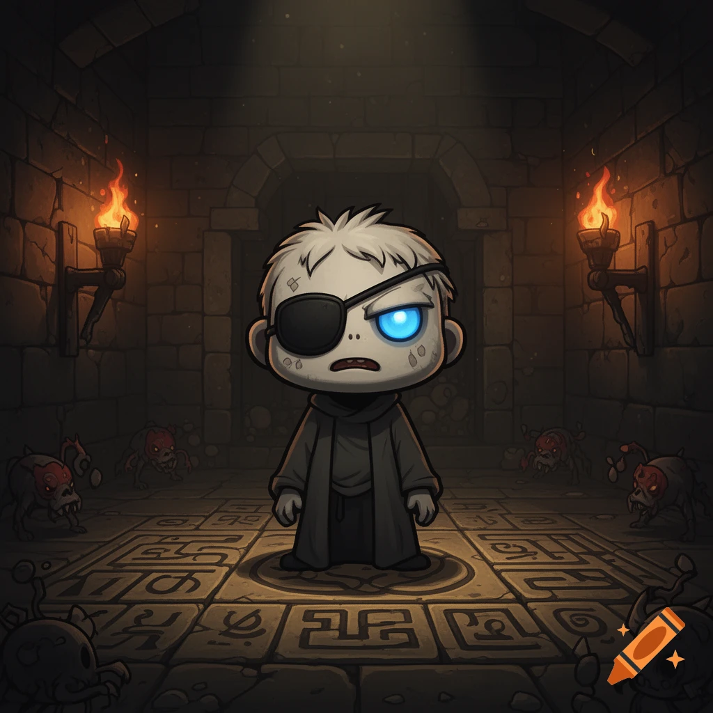 A cartoon character resembling Cain from The Binding of Isaac, with an eyepatch and glowing blue eye, stands in a dark dungeon surrounded by small monsters.