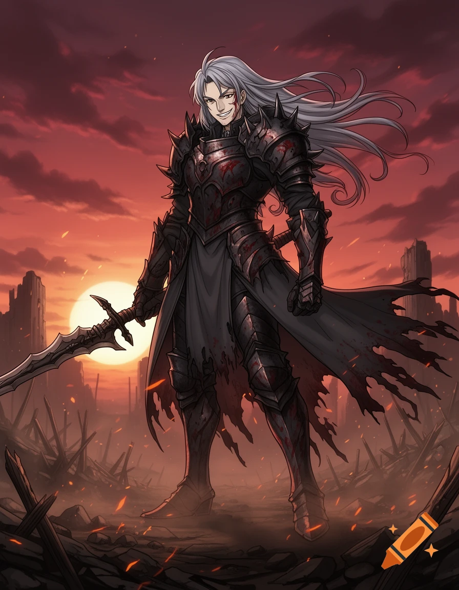 Anime warrior in dark, spiked, bloodstained armor holding a sword, smirking in a desolate, fiery landscape under a red sky.