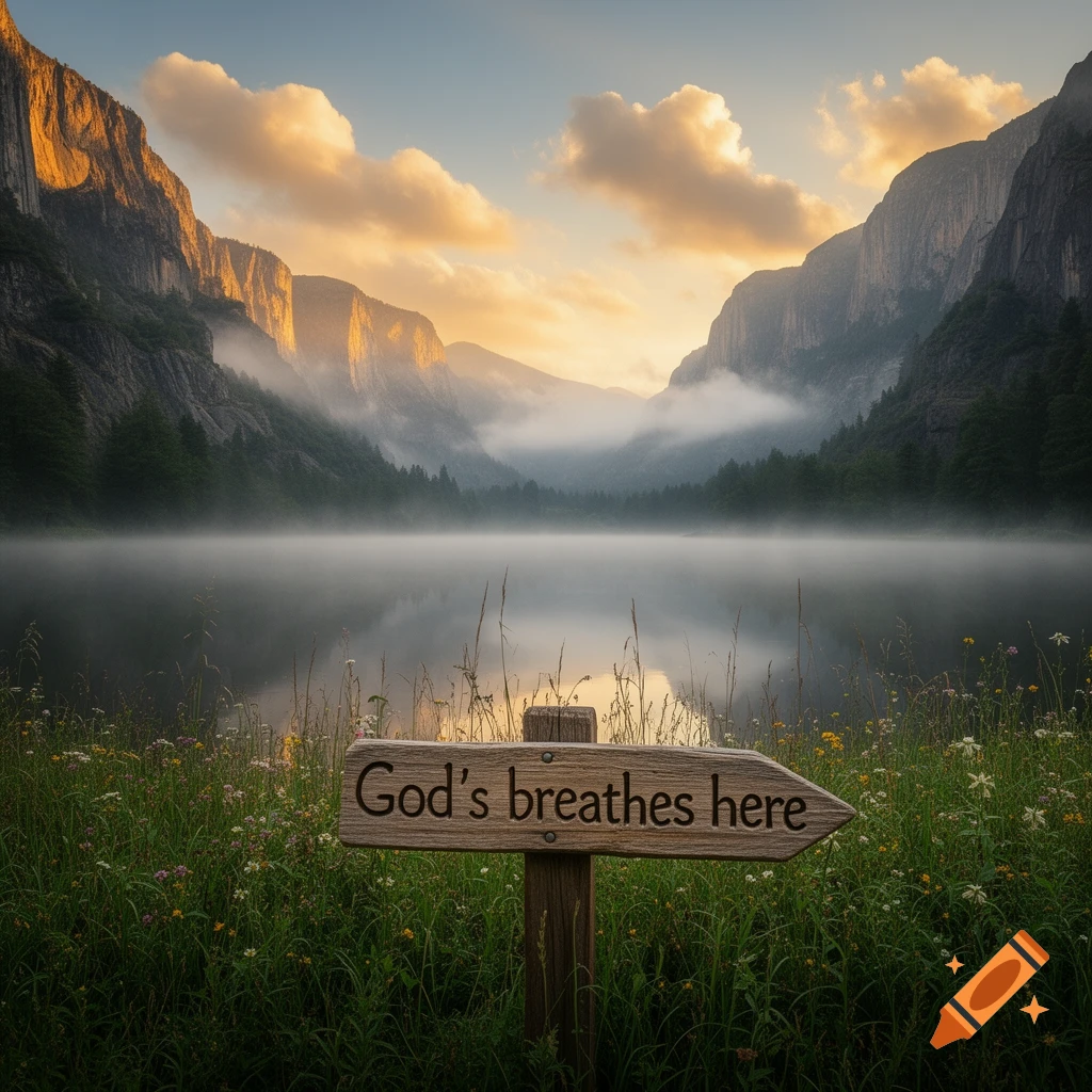 Photorealistic landscape of a misty lake surrounded by mountains at sunrise, with a wooden sign reading "God's breathes here" in the foreground.