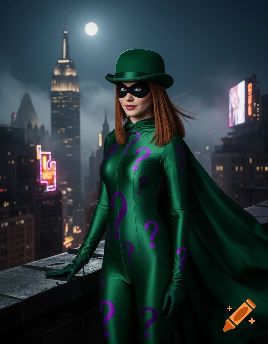 A woman dressed as a female Riddler, in a shiny green bodysuit covered in purple question marks, a green bowler hat, and a black mask, stands on a rooftop overlooking a city at night with a full moon.