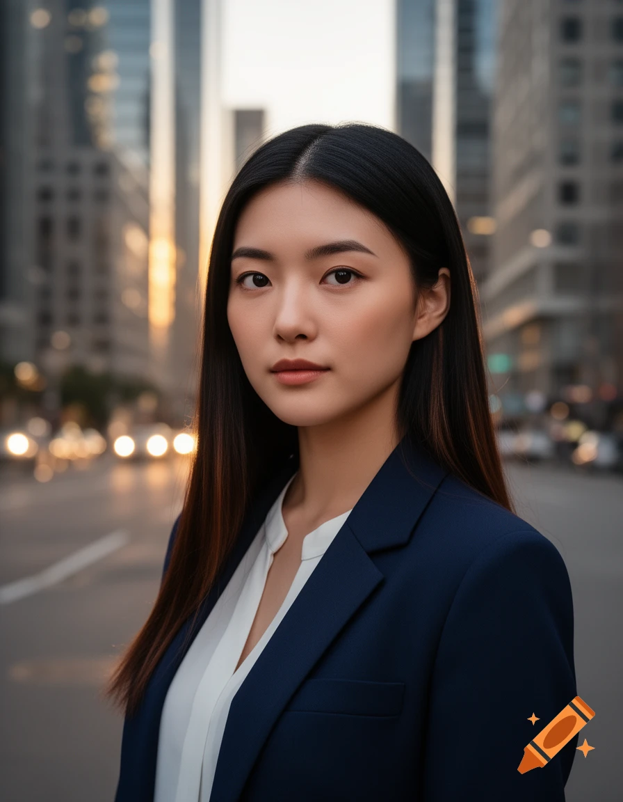 Photorealistic portrait of a young Asian woman in a navy blazer and white blouse, looking forward on a blurred city street at dusk.