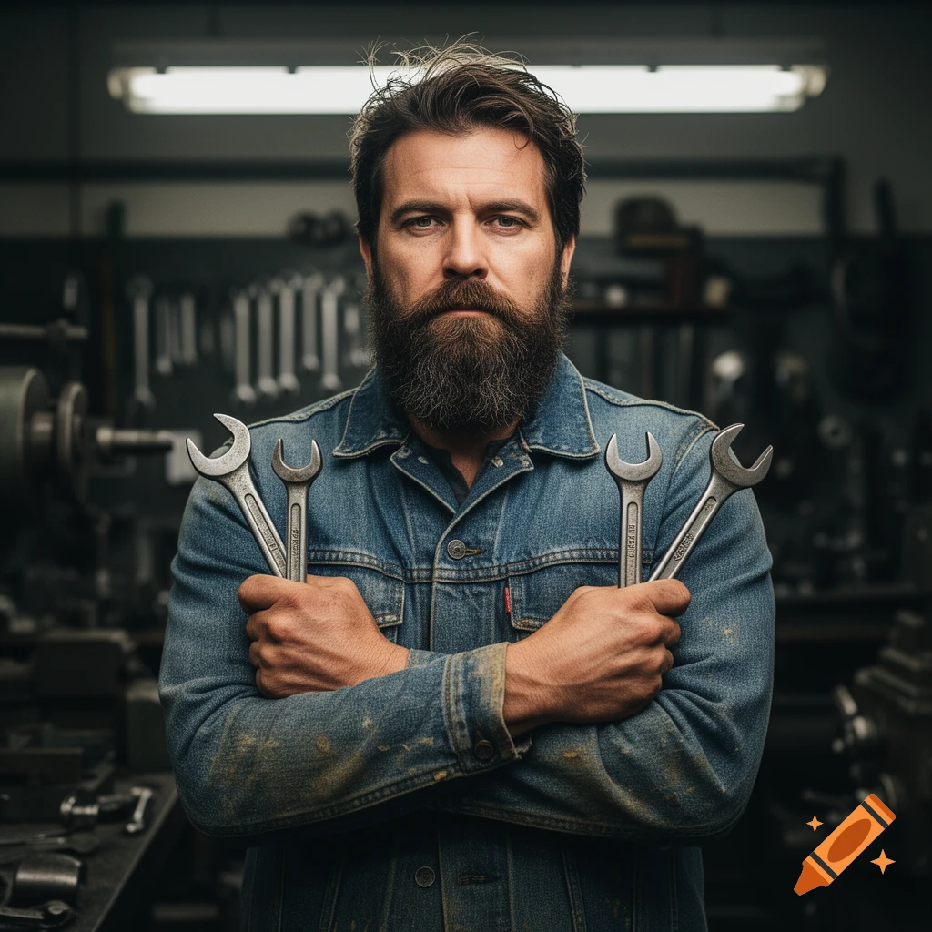 A serious bearded man in a denim jacket stands in a workshop, holding two wrenches crossed over his chest.