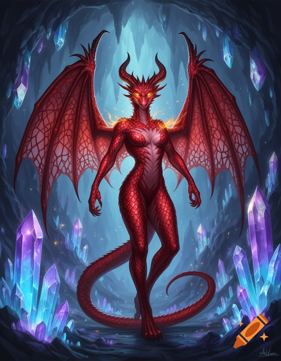 A full-body red humanoid dragon with large wings, horns, and glowing eyes stands confidently in a mystical crystal cave.