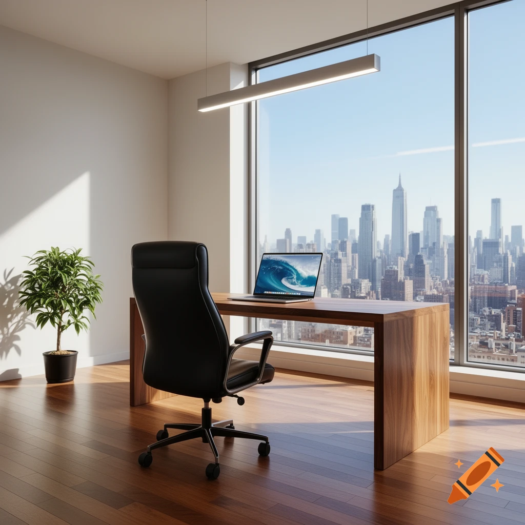 A modern office space with a wooden desk, black executive chair, a laptop displaying a wave, and a large window overlooking a city skyline.