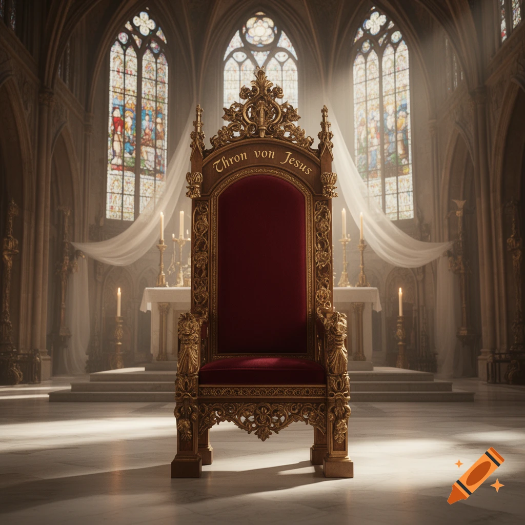 An ornate golden and red velvet throne with the text "Thron von Jesus" stands in a grand church interior with stained glass windows.