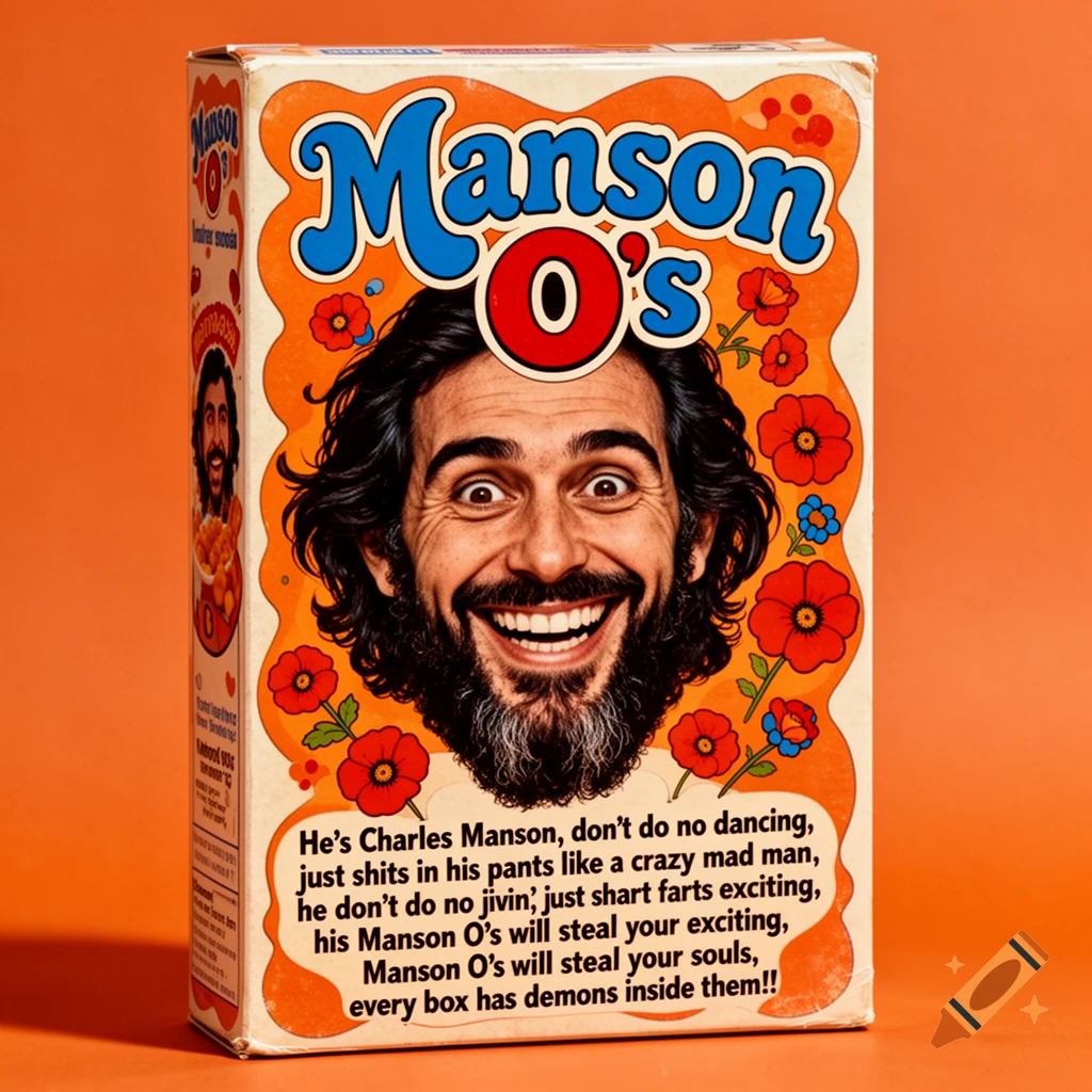 A vintage-style cereal box for "Manson O's" with a cartoonish Charles Manson on the front and text describing the cereal.