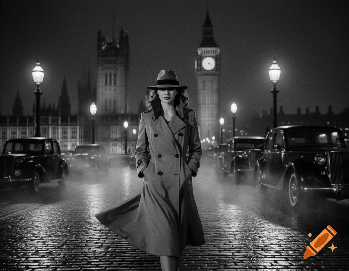 Black and white film noir scene of a woman in a trench coat walking on a wet London street at night, with Big Ben and classic cars.