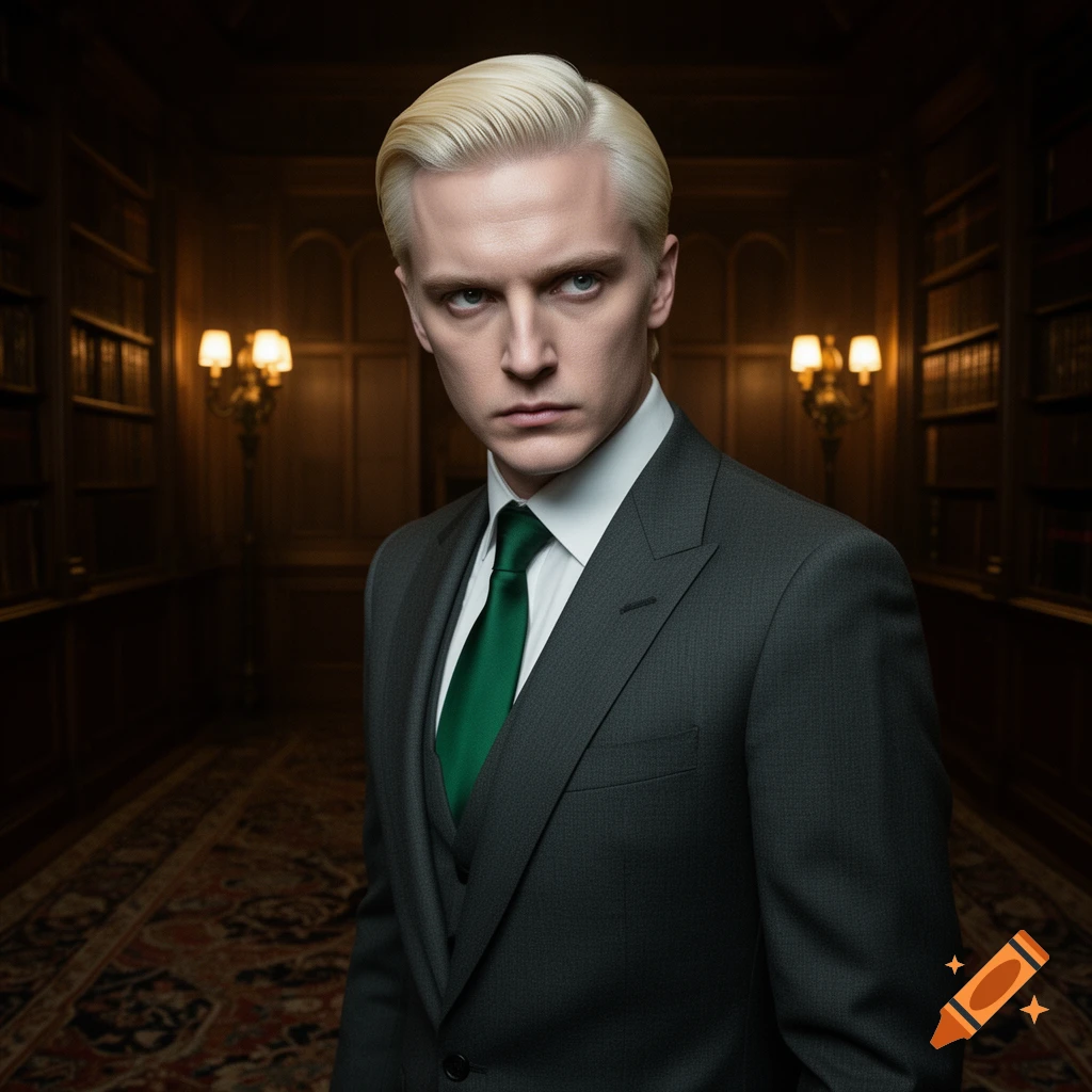 A serious man with slicked-back blonde hair and blue eyes wears a grey suit and green tie, standing in a dimly lit library.