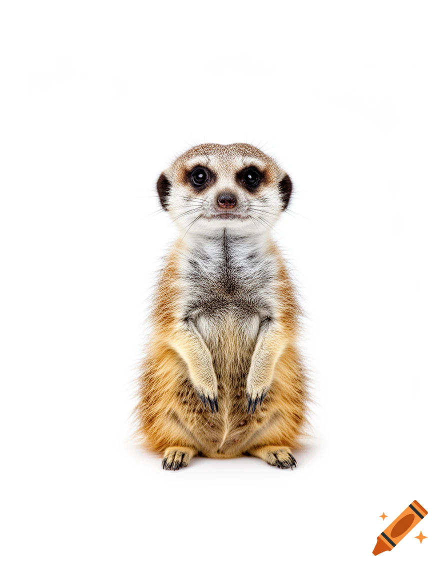 A photorealistic meerkat stands upright on a white background, looking directly at the viewer with wide eyes.