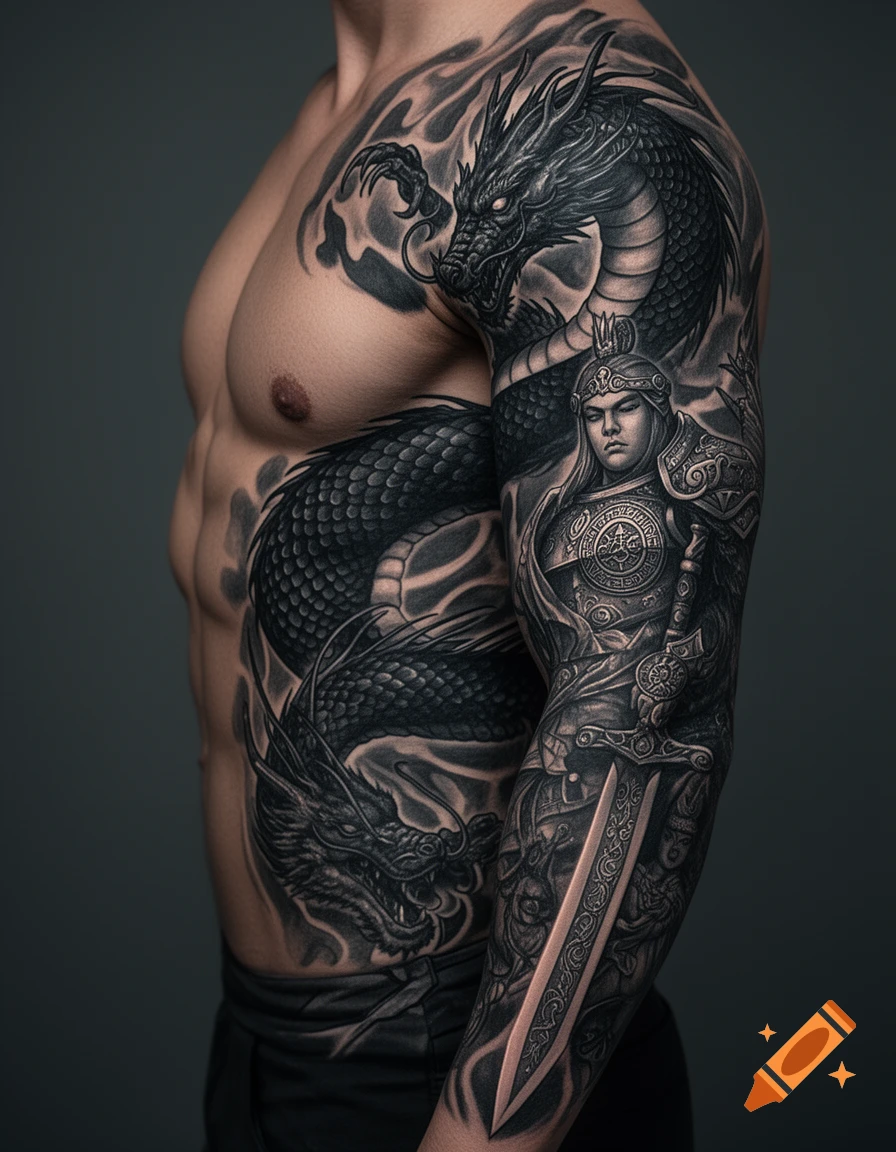 Detailed black and grey tattoo featuring a fierce dragon and a warrior with a sword on a man's arm and torso, photorealistic style.