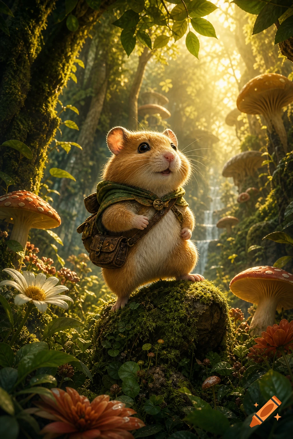 A whimsical hamster in a green cloak and backpack stands on a mossy rock in a sun-drenched fantasy forest filled with mushrooms.