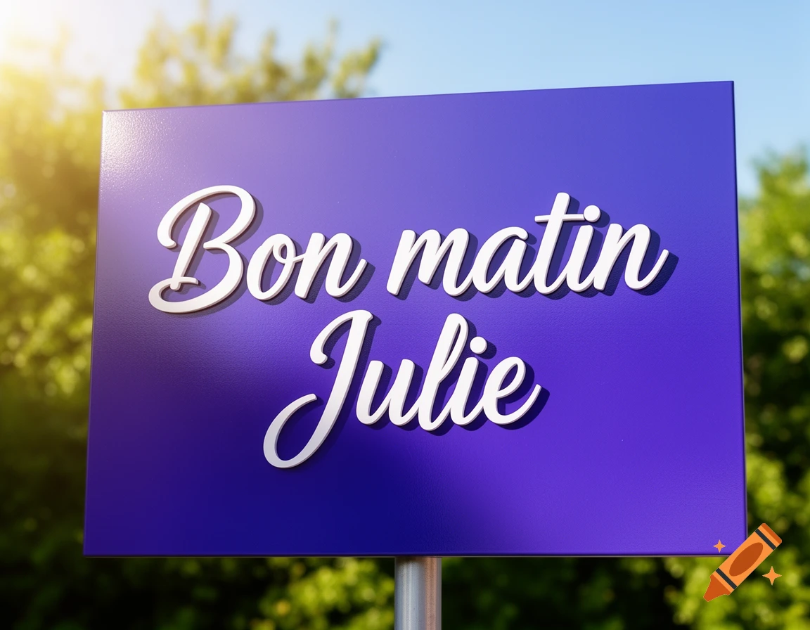 A vibrant purple sign with white cursive text reading 'Bon matin Julie' stands outdoors, illuminated by sunlight.