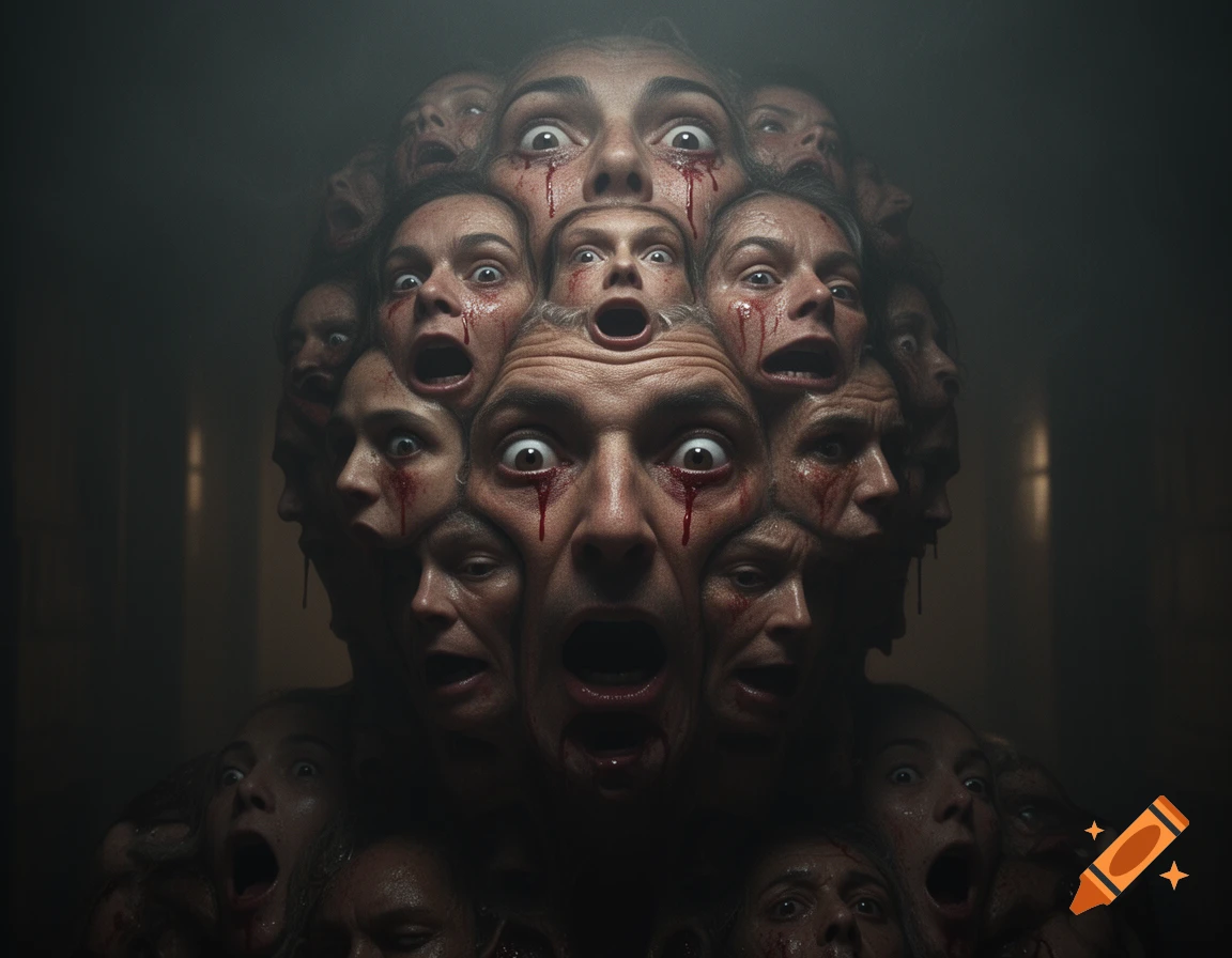 A dark, horror-themed image showing a cluster of distressed human faces, some with blood-like stains, forming a larger, unsettling face.