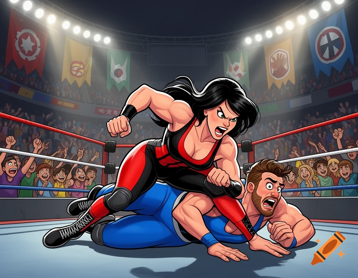 A powerful female wrestler in a red and black outfit pins a male opponent on the mat in a wrestling ring, surrounded by a cheering crowd in a packed stadium. Cartoon art style.