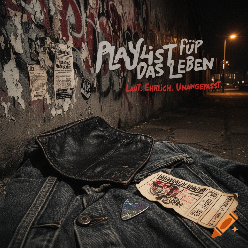 A leather and denim jacket with a guitar pick and a torn ticket lying on a grimy urban street next to a graffiti-covered wall at night. Text reads "PLAYLIST füP DAS LEBEN" and "Laut. Ehrlich. Unangepasst."