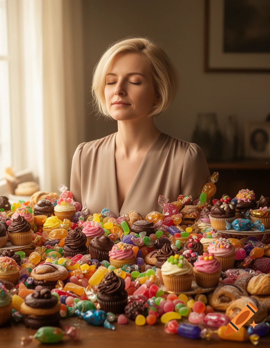 A woman with short blonde hair and closed eyes is behind a large pile of colorful candies, cupcakes, and baked goods.
