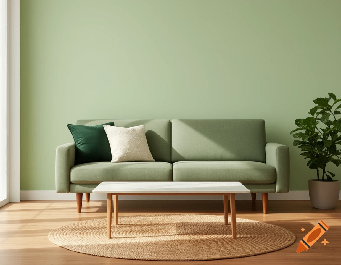 A light green sofa with two pillows, a coffee table, and a plant in a room with a pastel green wall and wooden floor.