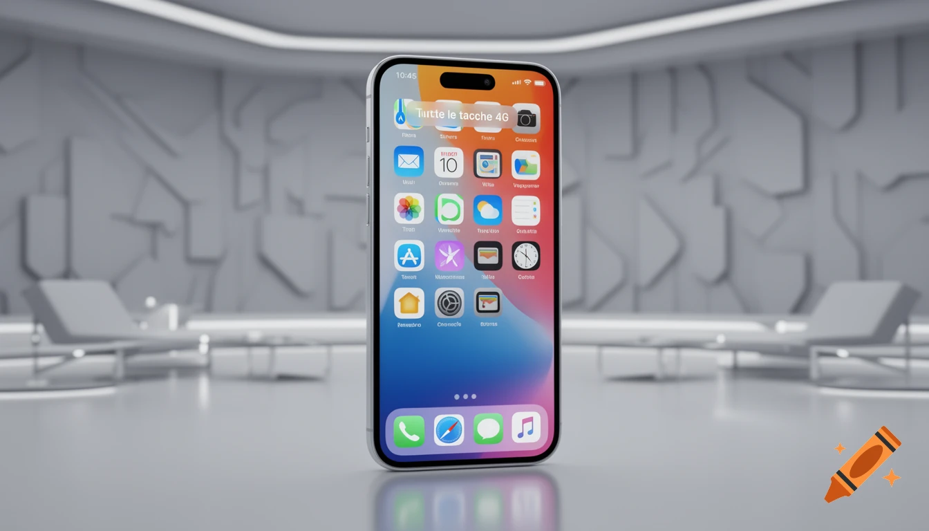 A sleek silver iPhone with a vibrant home screen displaying apps and a notification, standing upright on a reflective surface in a minimalist white room with textured walls.