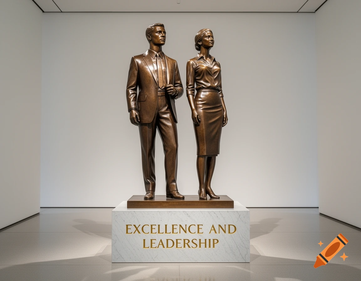 Photorealistic bronze statues of a man and woman in business attire on a marble base with "EXCELLENCE AND LEADERSHIP" in a museum.