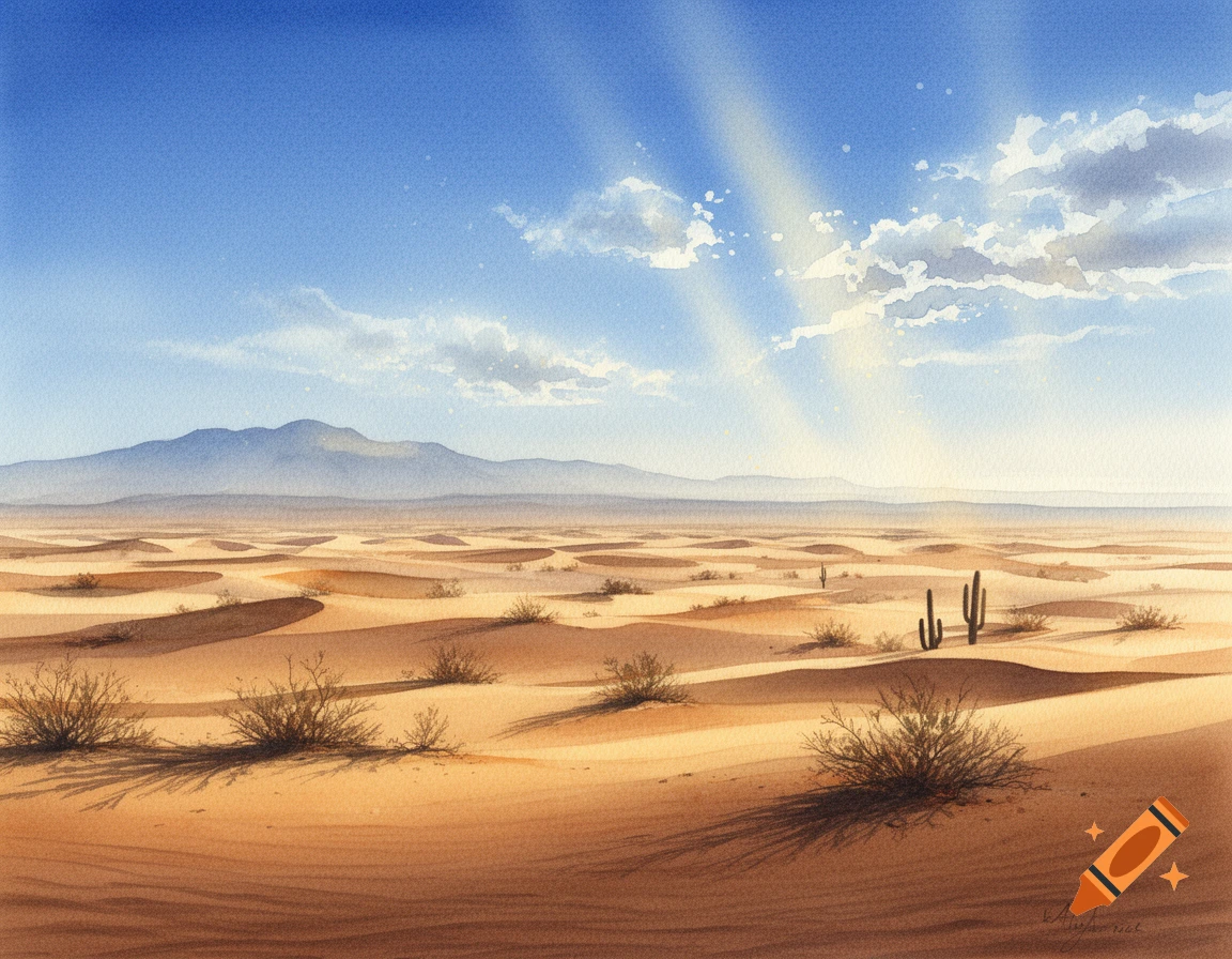 A watercolor painting of a vast desert landscape with sand dunes, sparse bushes, cacti, and mountains under a sunny sky.