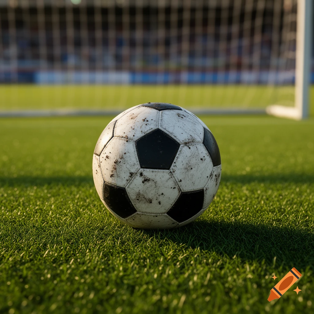A dirty black and white soccer ball rests on a green grass field with a blurred goal net in the background.