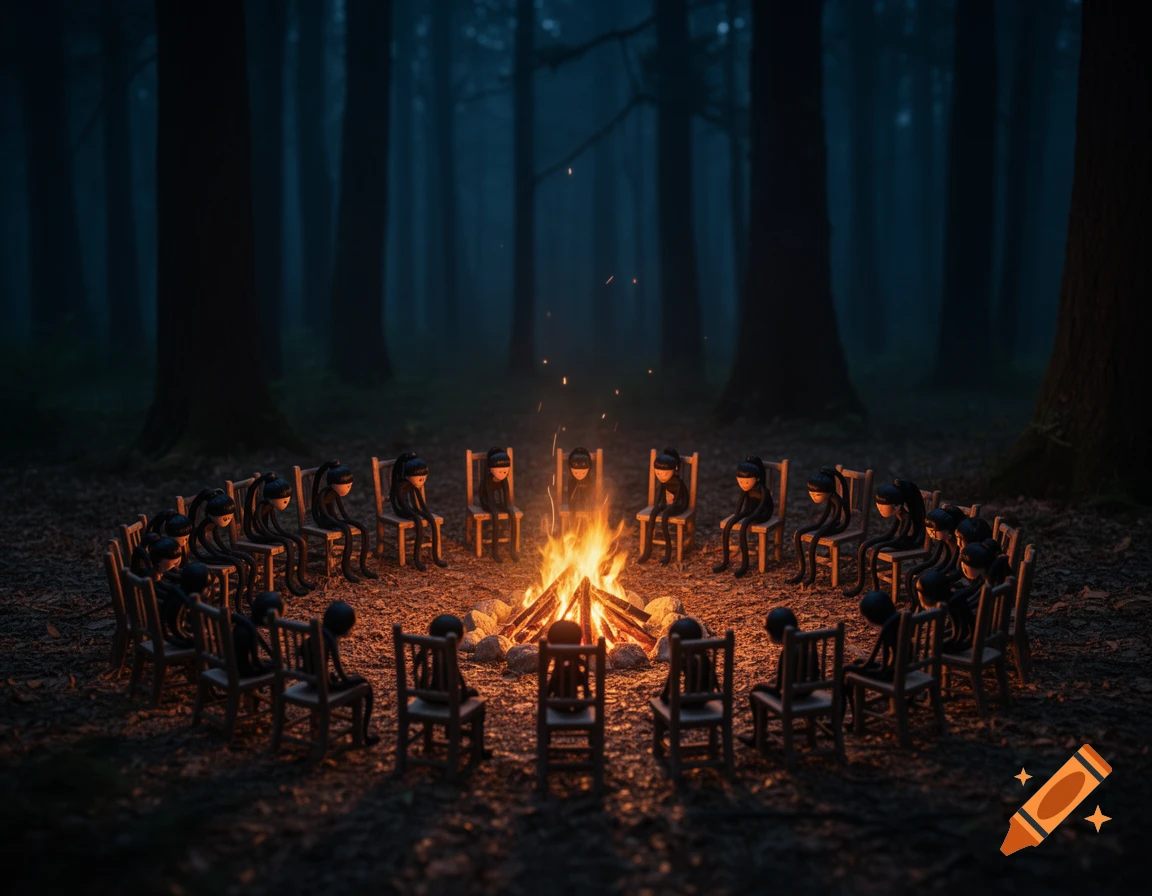 Stylized black figures sit in a circle on chairs around a brightly burning campfire in a dark, misty forest at night, with tall trees.