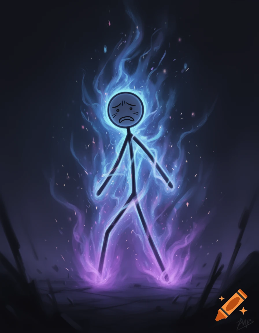 A worried stick figure engulfed in glowing blue and purple aura on a dark background, in an illustration.