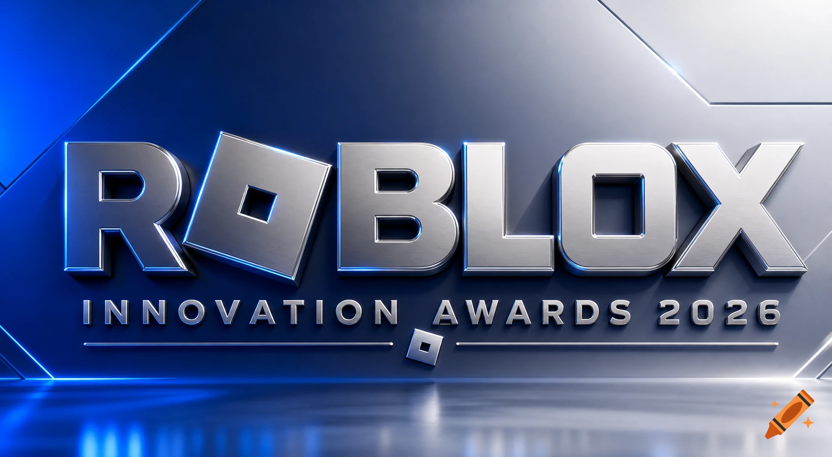 A metallic 3D logo for 'ROBLOX INNOVATION AWARDS 2026' with blue glowing accents on a reflective dark blue surface.