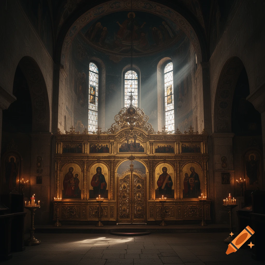 An elaborate golden iconostasis inside a dark church, with sunlight streaming through tall stained glass windows.