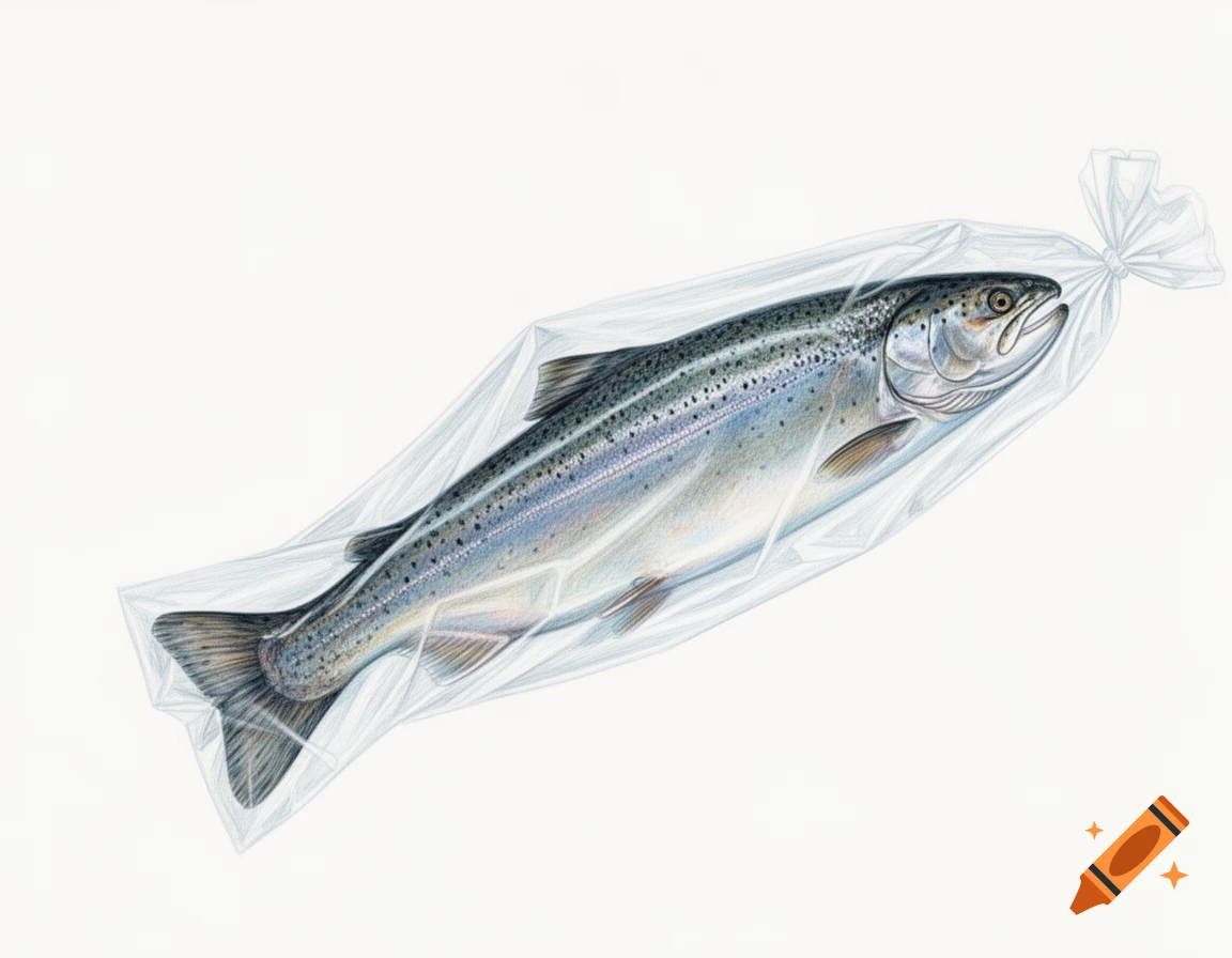 A detailed drawing of a silver-blue salmon or trout, with speckled skin, swimming inside a clear plastic roasting bag on a white background.
