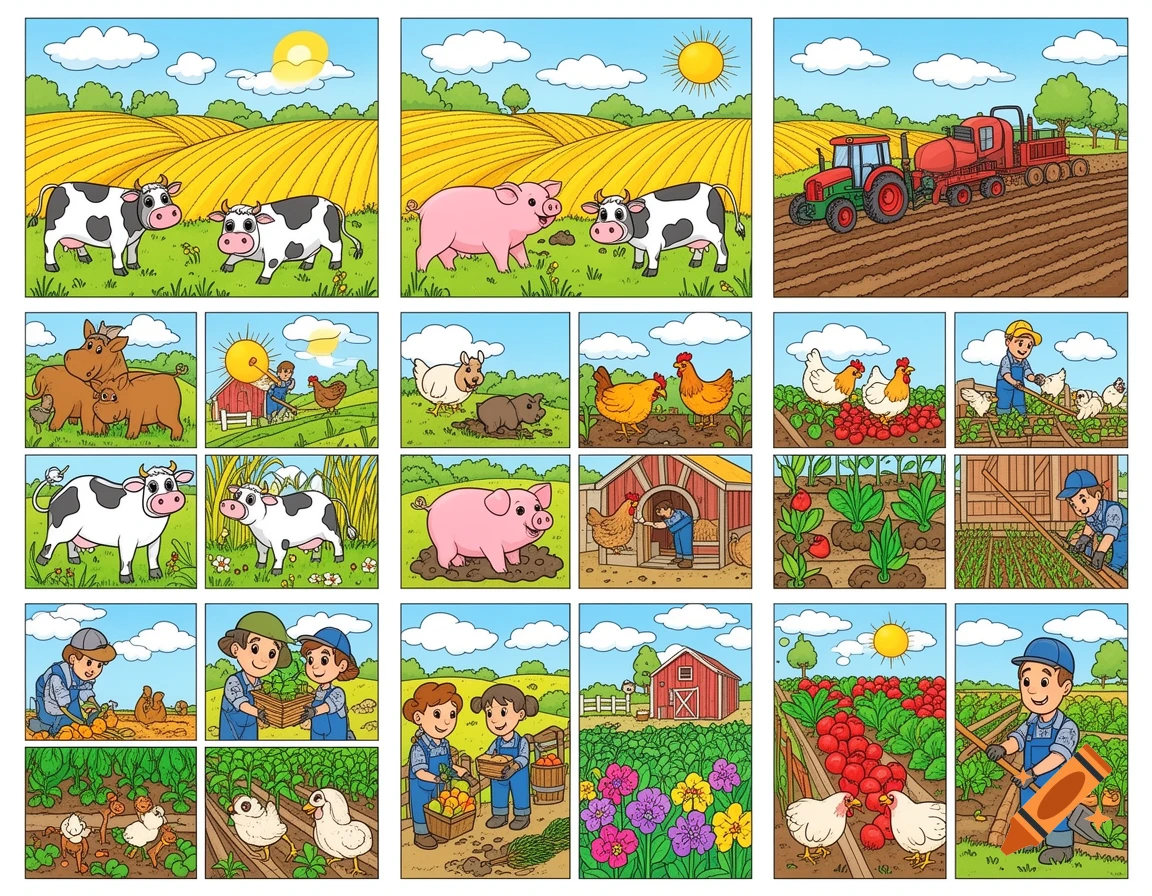 A colorful grid of cartoon illustrations depicting various farm scenes with animals, farmers, tractors, fields, and crops, in a bright, child-friendly style.